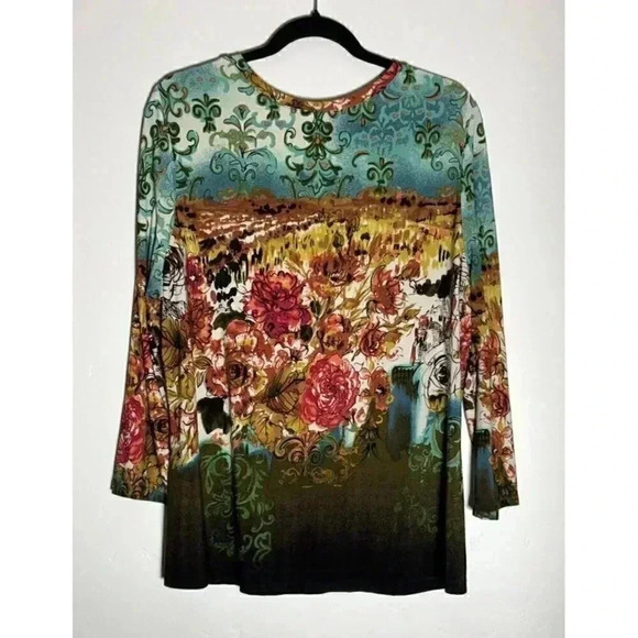 Investments Top Blouse SZ XL Multicolored Print Stretch 3/4 Sleeves - Picture 4 of 12